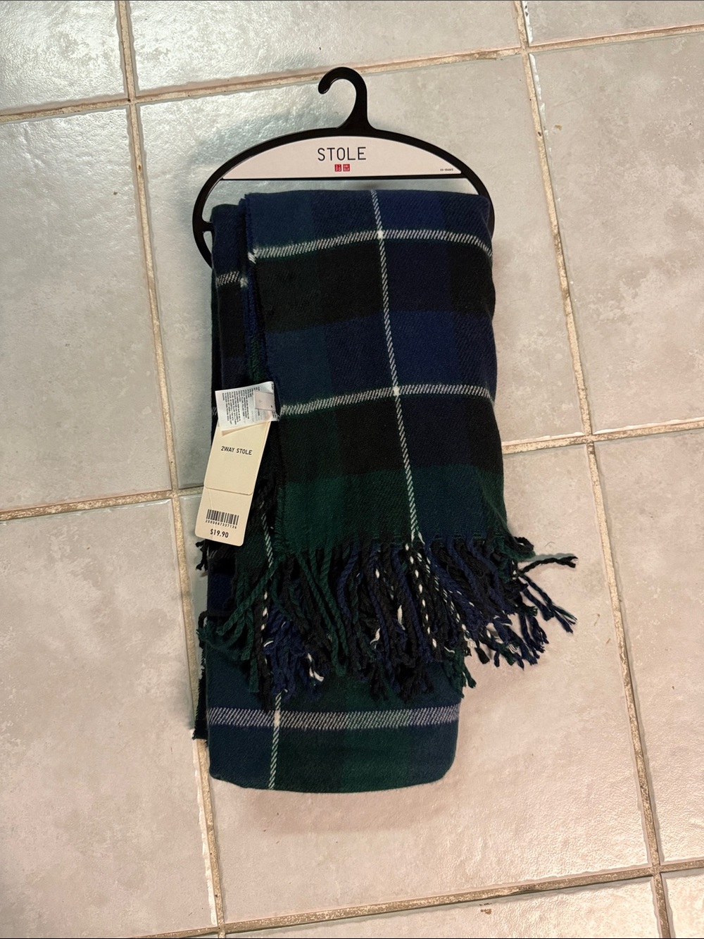 Uniqlo Green & Navy Plaid Stole with Fringe